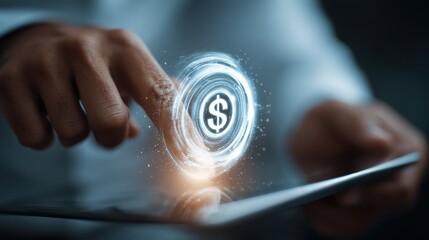 close up and side view of businessman hands using and pointing at tablet or smartphone with creative glowing round dollar chart hologram on blurry background  no logos no brands ar 169