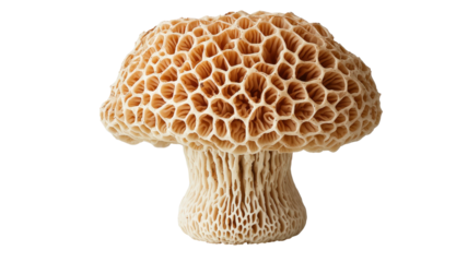Morel mushroom shows unique texture on white