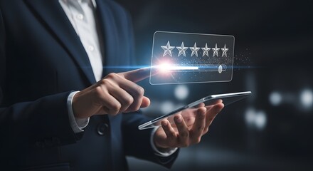 Business professional evaluating customer satisfaction with a glowing star rating interface on tablet.