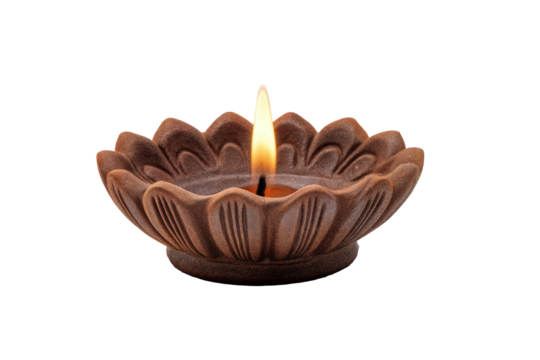 Handmade clay diya with minimal design and flame