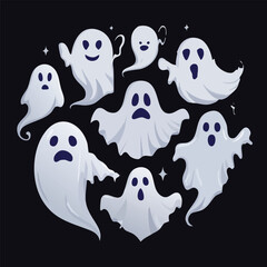 A group of cute and spooky ghosts floating in a circle.