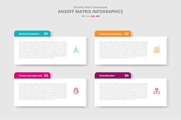 ansoff matrix for infographic with drop shadow style with rectangle box with round header badge with 4 point list information
