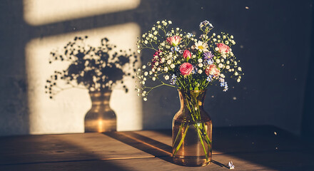 Delicate flowers in glass vase with warm sunlight and shadow play, vintage soft aesthetic