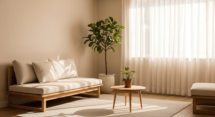 Minimal living room with beige tones, wooden furniture and indoor plants, sunlight through sheer curtains