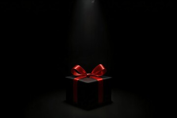 Black Gift Box with Red Ribbon under Spotlight