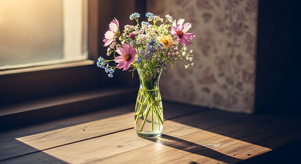 Delicate flowers in glass vase with warm sunlight and shadow play, vintage soft aesthetic