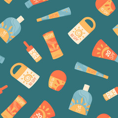 Flat seamless pattern with sunscreen bottle, spf cream, sunblock tube, spray and lotion shapes. Summer sun protection, skincare and background concept, cartoon flat style, seamless wallpaper for