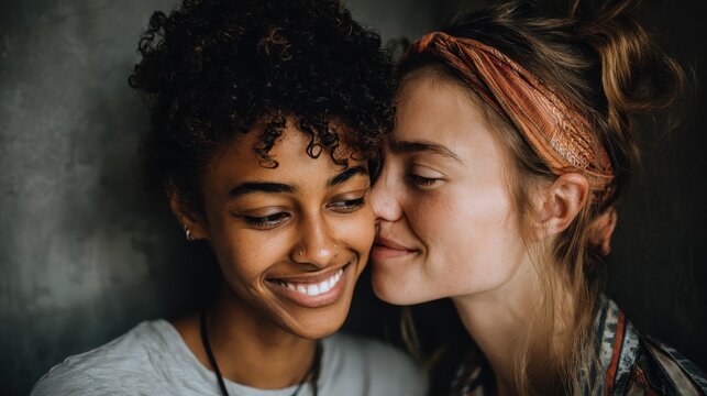 happy lesbian lgbtq couple in love cuddling laughing whispering on ear having fun standing at home two stylish cool diverse pretty affectionate women hugging bonding lgbt relationship concept no logo - Powered by Adobe
