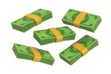 Stacks of us dollar bills tied with yellow bands on black background