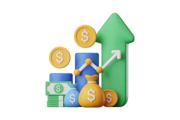 3d illustration of financial growth and increasing profits with money and upward arrow