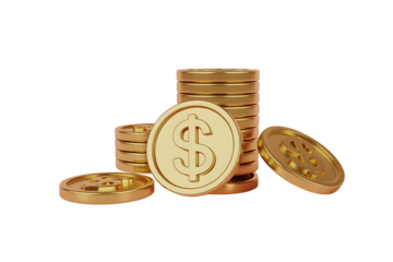 Golden coins with dollar signs stacked and scattered on black background