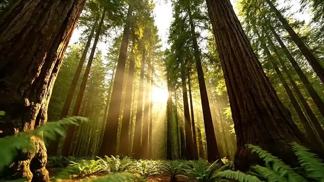 Sunlight beams through ancient redwood forest canopy illuminating ferns.