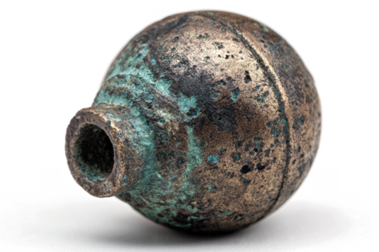 Antique bronze cannonball with patina a vintage military artifact isolated on white background
