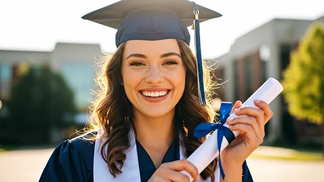 Happy caucasian woman graduate holding diploma, celebrating academic success and achievement, motivation concept.
