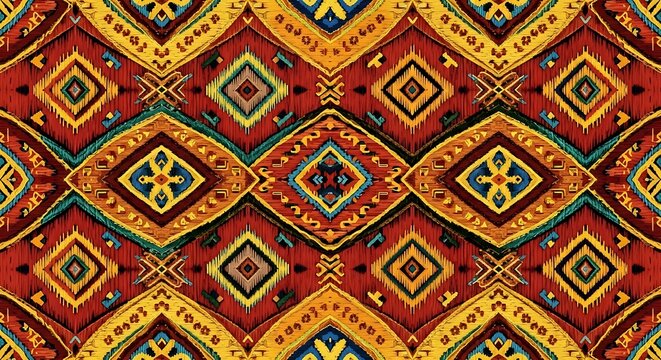 Vibrant Geometric Pattern with Intricate Diamond Motifs and Warm Color Palette.