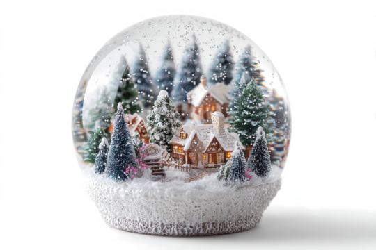 Charming snow globe featuring a winter village scene complete with snow-covered houses and pine trees perfect for holiday decorations and seasonal displays
