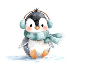 Cute watercolor penguin wearing earmuffs and a scarf adorable winter animal illustration isolated on a white background