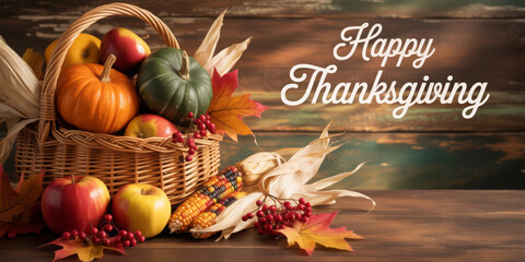 Thanksgiving harvest in a basket featuring pumpkins apples and corn perfect for autumn holiday celebrations and seasonal designs
