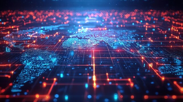 Digital World Map - Futuristic Network Connections and Data Flow Visualization.