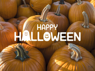 Happy Halloween message over orange pumpkins a festive autumn harvest background for seasonal greetings and holiday celebrations