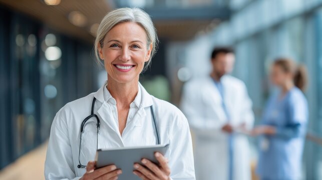 portrait of beautiful mature woman doctor holding digital tablet and looking at camera confident female doctor using digital tablet with colleague talking in background at hospital latin nurse no log