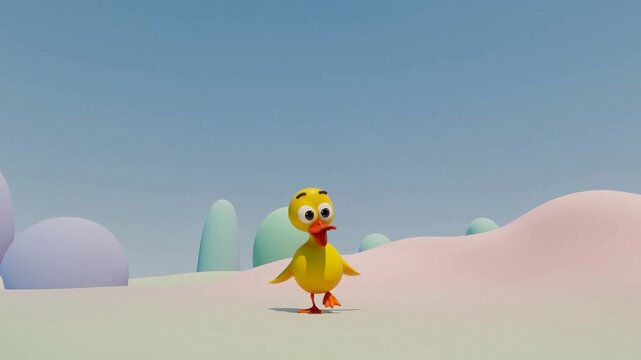 Petit canard cartoon 3D dans un paysage pastel doux