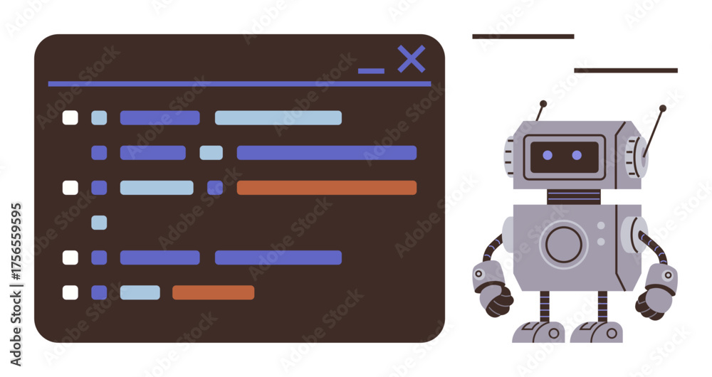 Wall mural Robot interacting with a digital interface featuring organized code lines and checklists. Ideal for automation, coding, artificial intelligence, technology, machine learning, software, robotics