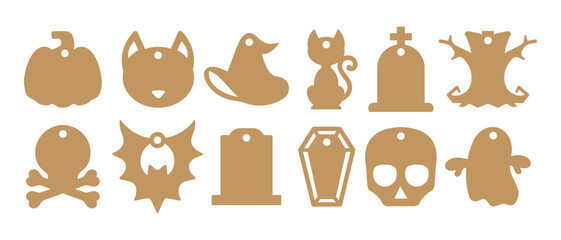 Set of Halloween gift shaped tags vector templates for cutting. Autumn holiday tag stencils. Craft paper or cardboard label for gift wrapping