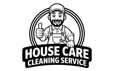 House Care Cleaning Service Logo: Happy Handyman Thumbs Up Mascot