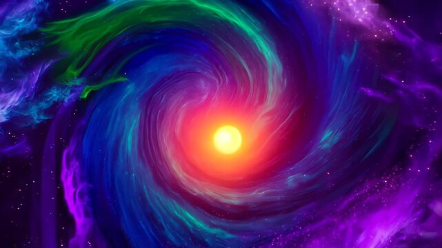 Surreal video of swirling rainbow-colored clouds in deep space with glowing orb of light at center, evoking dreamlike astral journey and introspection. 