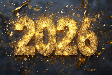 Golden glitter numbers 2026 with scattered confetti and ribbons new year celebration