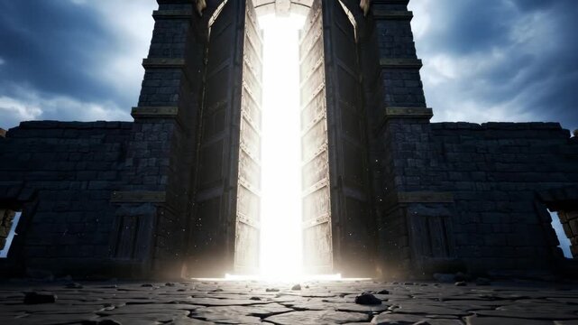Ancient stone gate slowly opening to reveal bright light, dramatic sky, concept of hope, new beginning, and overcoming challenges footage.