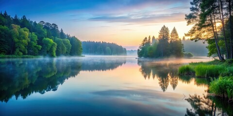 Obraz premium Serene lake at dusk with misty atmosphere, surrounded by lush greenery and tall trees