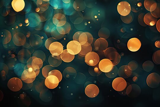 Blurred gold circles on turquoise background. Festive design, bokeh effect