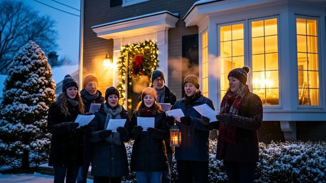 Group of young women and men carolers singing outside a house decorated for Christmas during evening, holiday season footage