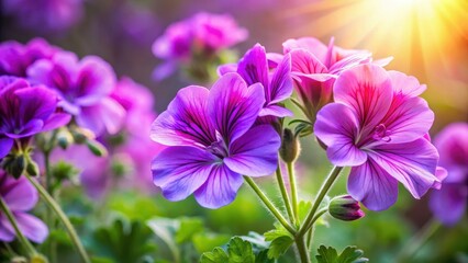 Fototapeta premium Vibrant purple geranium flowers bloom in the warm sunlight, showcasing their delicate petals and intricate details