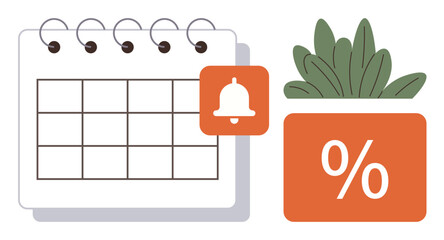 Calendar grid, red notification bell, percentage box, and green plant suggest organization, planning, and task management. Ideal for productivity, scheduling, goals business savings reminders