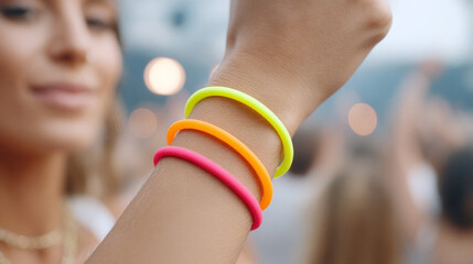 Naklejka premium Colorful neon bracelets at festive outdoor event