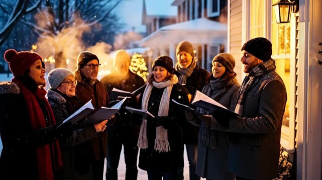 Group of people singing Christmas carols outdoors on a snowy evening, creating a festive holiday scene footage