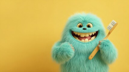 Fototapeta premium Funny fluffy monster with a big smile holding a toothbrush. Dental hygiene concept for kids. Playful character for children's health.