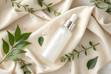 Minimalistic skincare concept with a frosted white cosmetic bottle featuring a metallic cap , placed on soft beige satin fabric with green herbal leaves with elegant beauty composition 