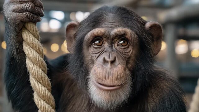 Chimpanzee interacts with rope in a playful environment