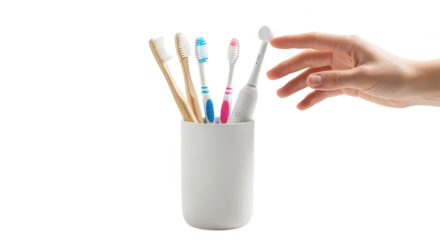 Hand Choosing Electric Toothbrush From Holder With Various Types
