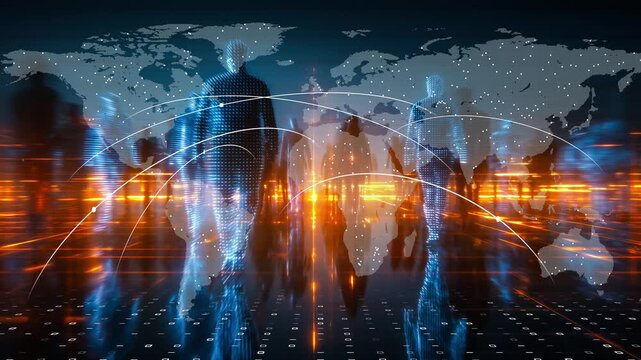 Digital Humans Walking through Global Network with Futuristic Technology Elements