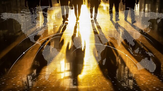 Digital Humans Walking through Global Network with Futuristic Technology Elements