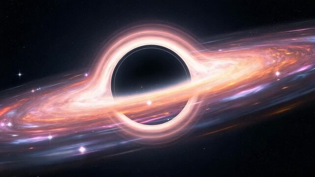 A mesmerizing black hole with a swirling accretion disk against a backdrop of stars and cosmic dust clouds