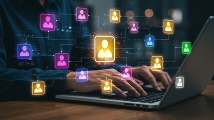 Professional networking with glowing icons and laptop, connecting people with business opportunities, technology and future concepts. - Powered by Adobe