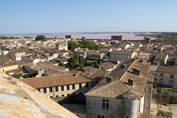 View of the ramparts, salt marshes, and medieval town of Aigues-Mortes from the Constance Tower in Aigues-Mortes  Camargue France