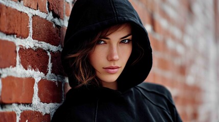 Naklejka premium Urban Contemplation: A woman, enveloped in a black hoodie, leans against a weathered brick wall, her gaze hinting at a depth of thought and introspection.