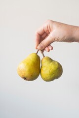 Two pears are being held in a person's hand